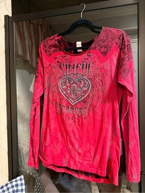 Sinful Women's Long Sleeve Graphic Tee in Hot Pink with Black Accents